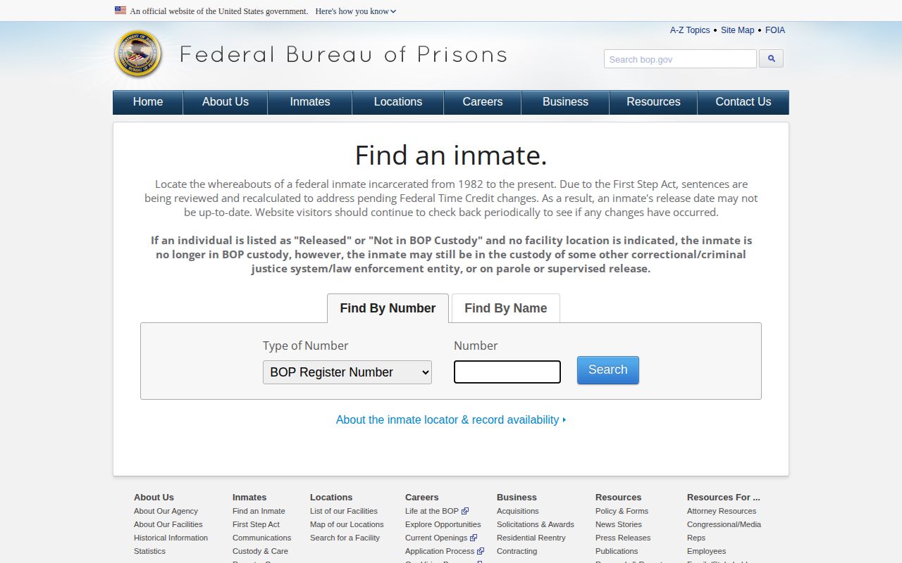 Federal Bureau of Prisons inmate locator, a separate federal custody search