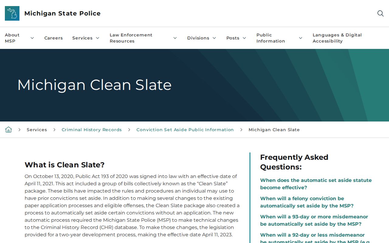 Michigan Clean Slate information on conviction set-asides and arrest records