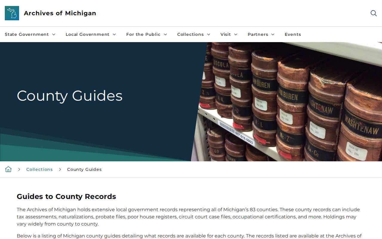 Archives of Michigan county guide and historical-record collection search
