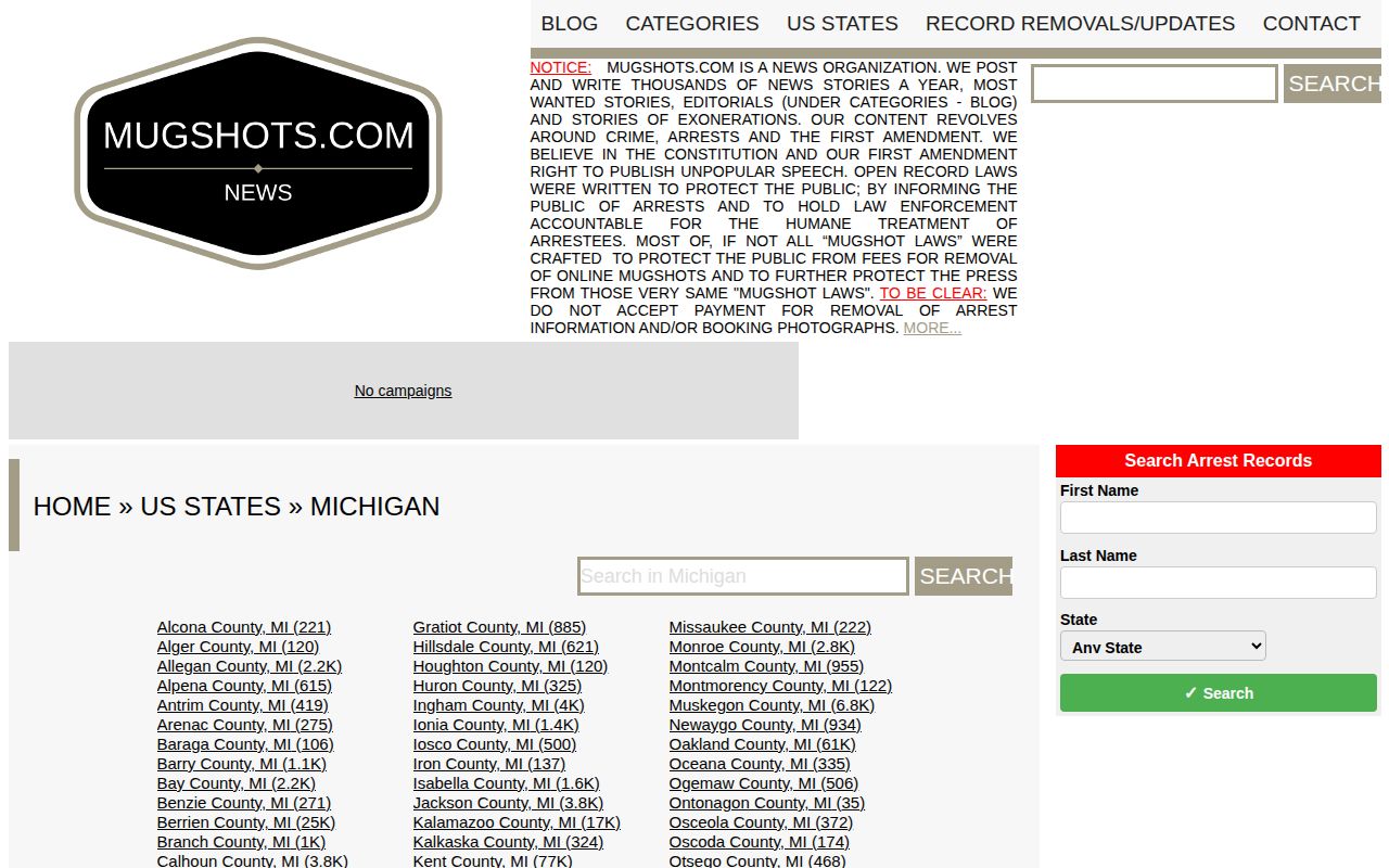 Mugshots.com Michigan county index with selected booking-style sections