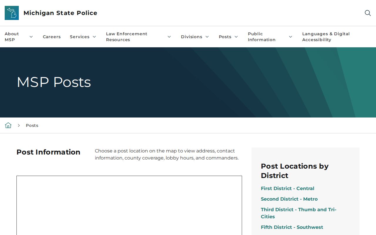 Michigan State Police district and post organization for statewide arrest coverage