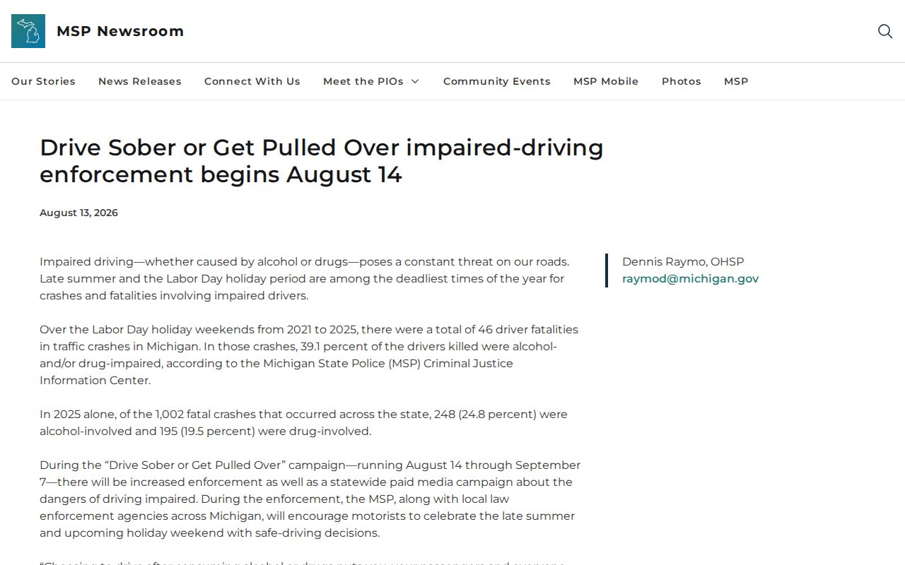 Michigan State Police impaired driving enforcement campaign announcement