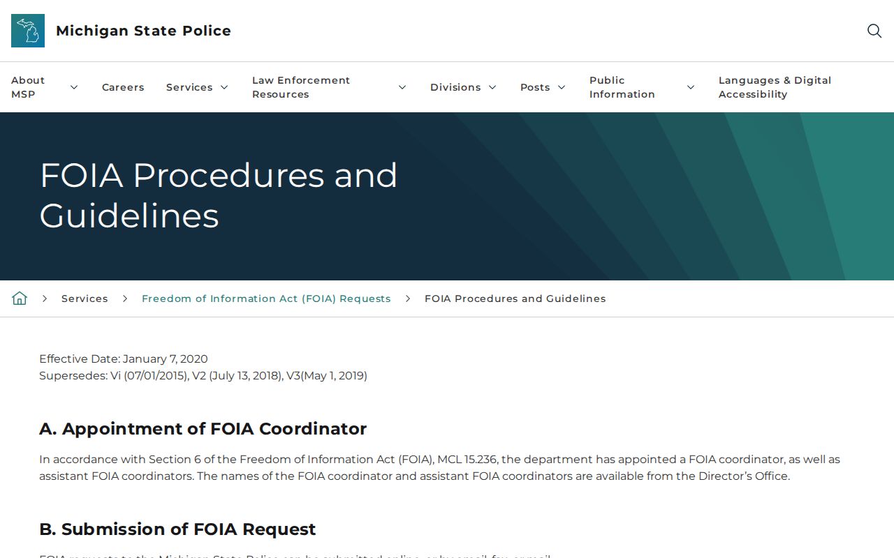 Michigan State Police arrest report FOIA request requirements and fees