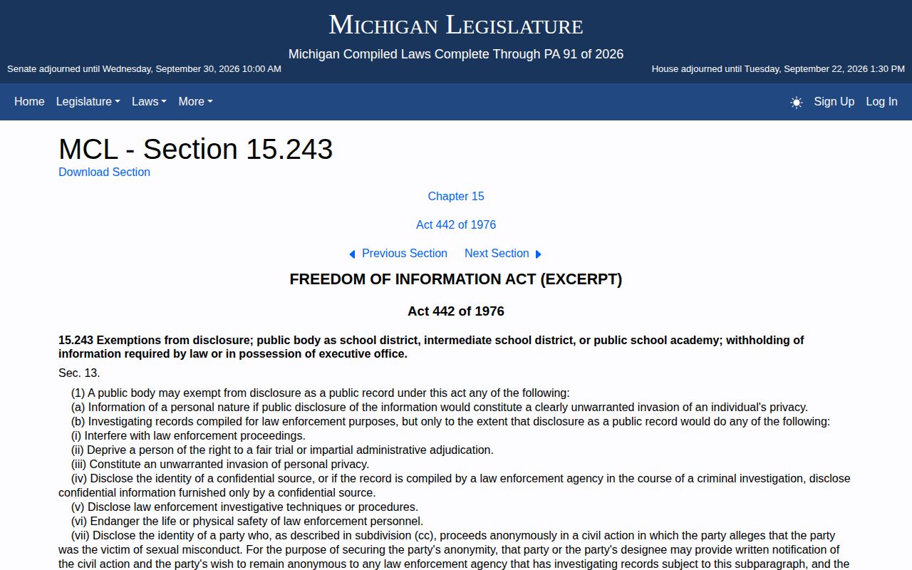 Michigan FOIA exemption statute page for arrest record requests