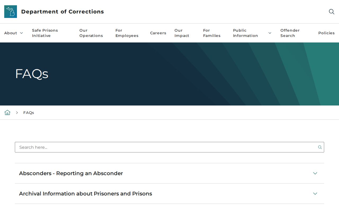 Michigan Department of Corrections public FAQ with an absconder and escapee tip route