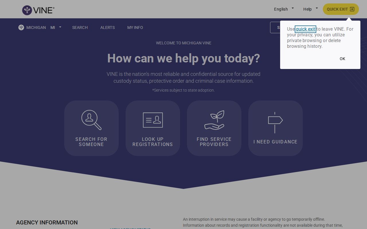 Michigan VINELink arrest custody search and alert registration interface