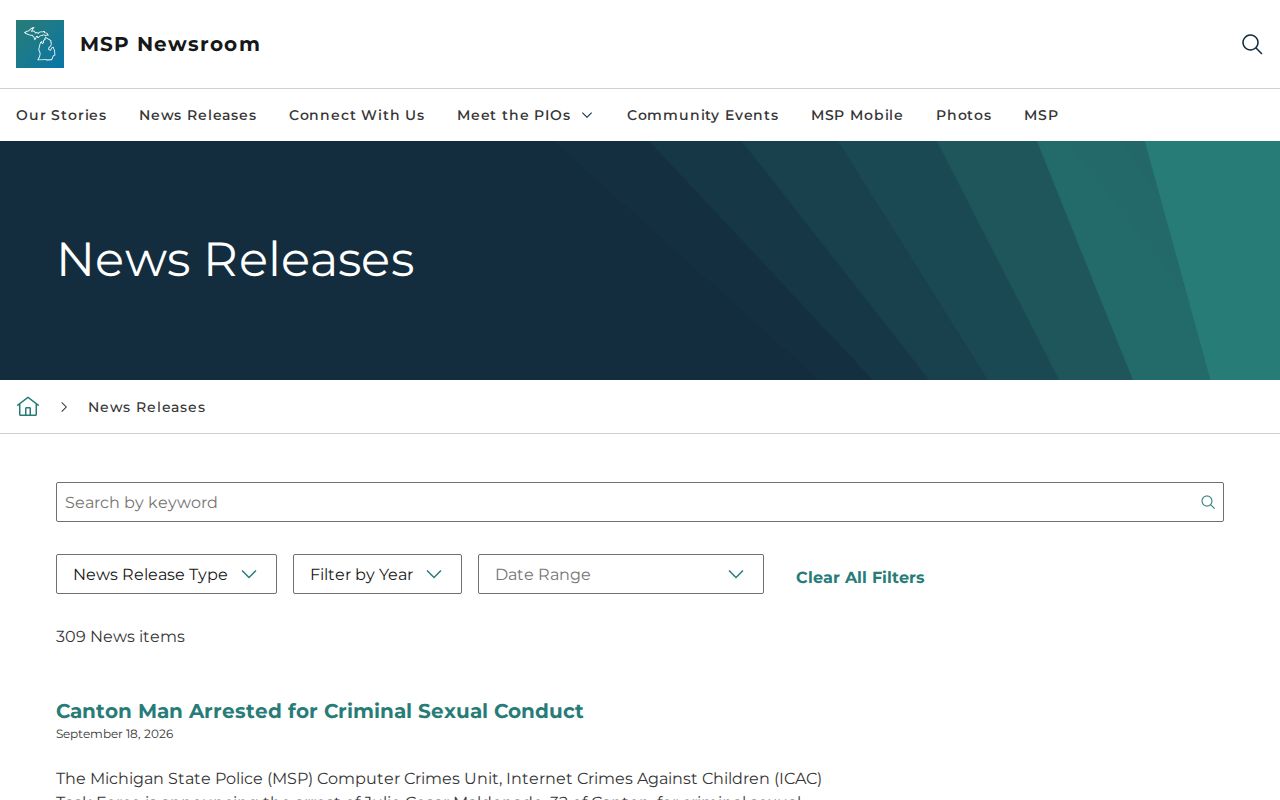 Michigan State Police dated news releases about selected arrests and incidents