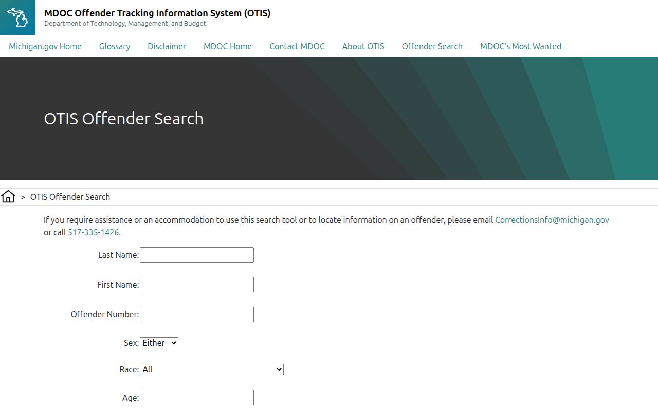 Michigan MDOC OTIS offender-search fields and supervision scope