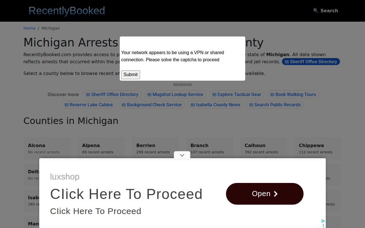RecentlyBooked Michigan county-section index, an unofficial selected booking source