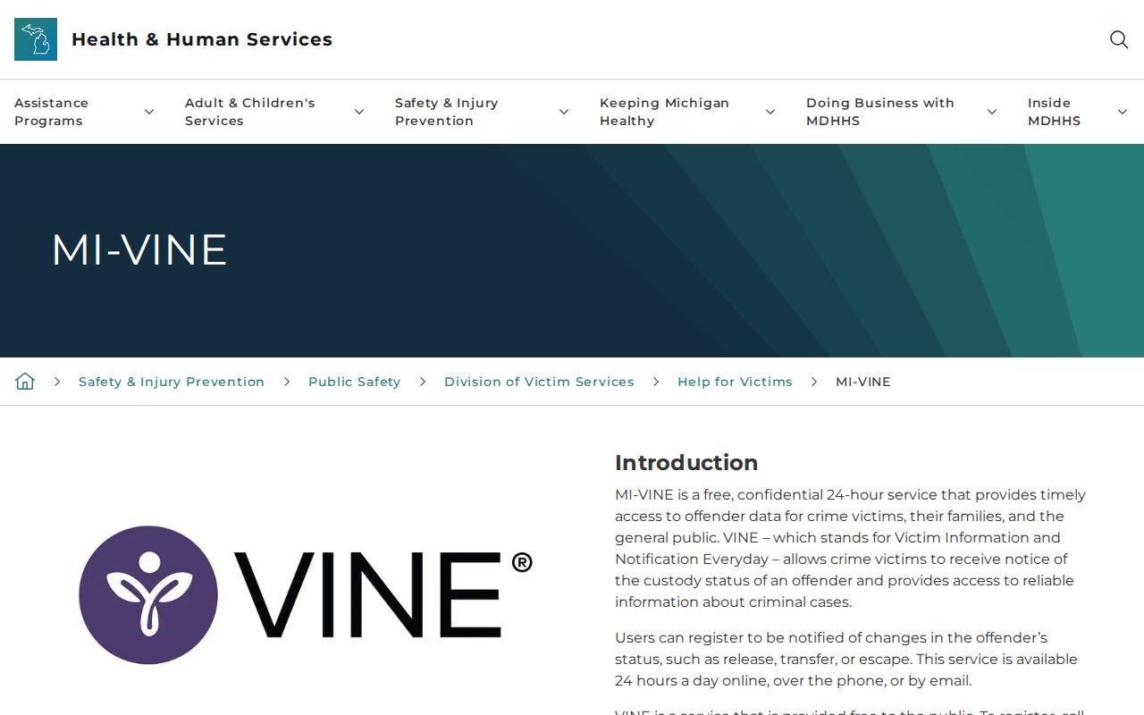 Michigan MI-VINE custody notification service information